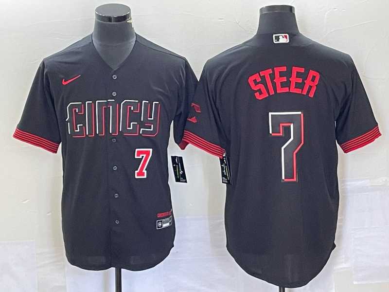 Mens Cincinnati Reds #7 Spencer Steer Numer Black 2023 City Connect Cool Base Stitched Baseball Jersey->cincinnati reds->MLB Jersey